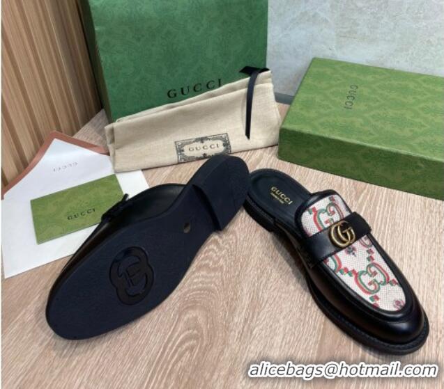 Unique Style Gucci Leather and Flower Jacquard Flat Mules Black 082597