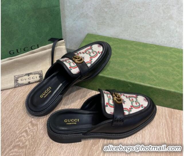 Unique Style Gucci Leather and Flower Jacquard Flat Mules Black 082597