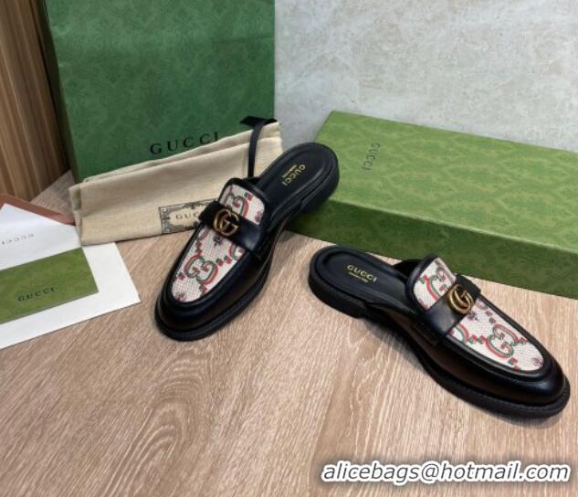 Unique Style Gucci Leather and Flower Jacquard Flat Mules Black 082597