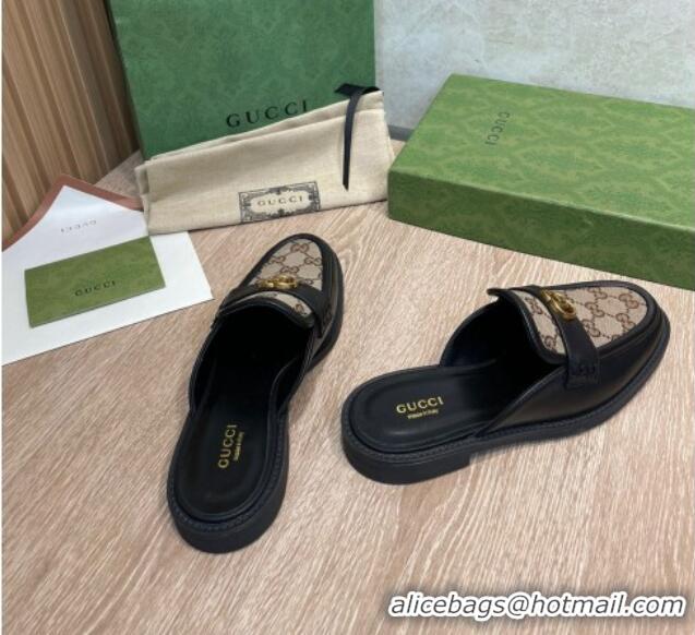 Perfect Gucci Leather and GG Canvas Flat Mules Camel/Black 082598