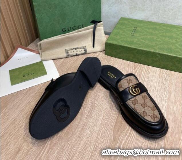 Perfect Gucci Leather and GG Canvas Flat Mules Camel/Black 082598