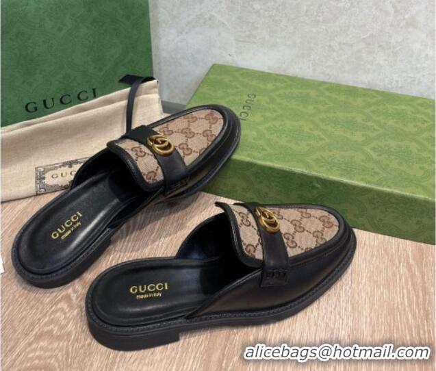 Perfect Gucci Leather and GG Canvas Flat Mules Camel/Black 082598