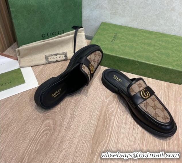 Perfect Gucci Leather and GG Canvas Flat Mules Camel/Black 082598