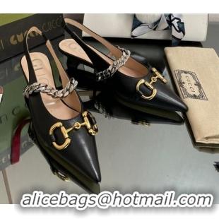 Pretty Style Gucci Leather Slingback Pumps with Horsebit Black 0825104