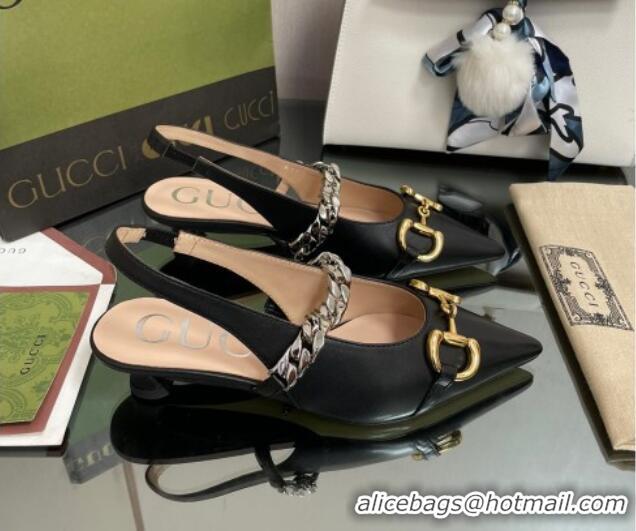 Pretty Style Gucci Leather Slingback Pumps with Horsebit Black 0825104