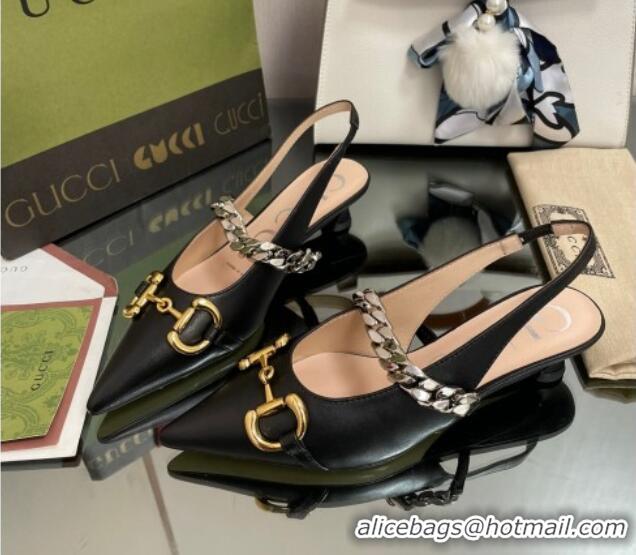 Pretty Style Gucci Leather Slingback Pumps with Horsebit Black 0825104