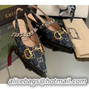 Best Grade Gucci GG Denim Slingback Pumps with Horsebit Blue 0825106