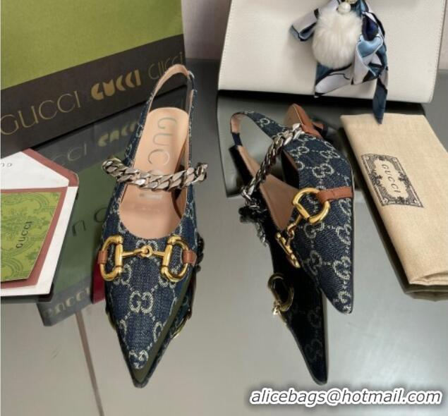 Best Grade Gucci GG Denim Slingback Pumps with Horsebit Blue 0825106