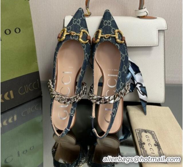 Best Grade Gucci GG Denim Slingback Pumps with Horsebit Blue 0825106