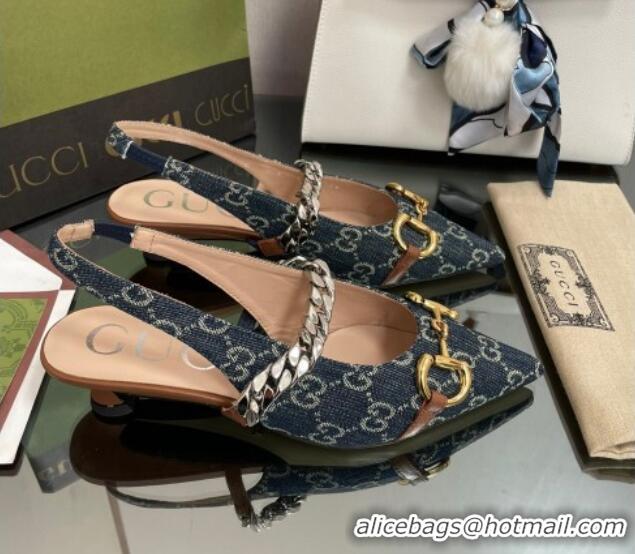 Best Grade Gucci GG Denim Slingback Pumps with Horsebit Blue 0825106