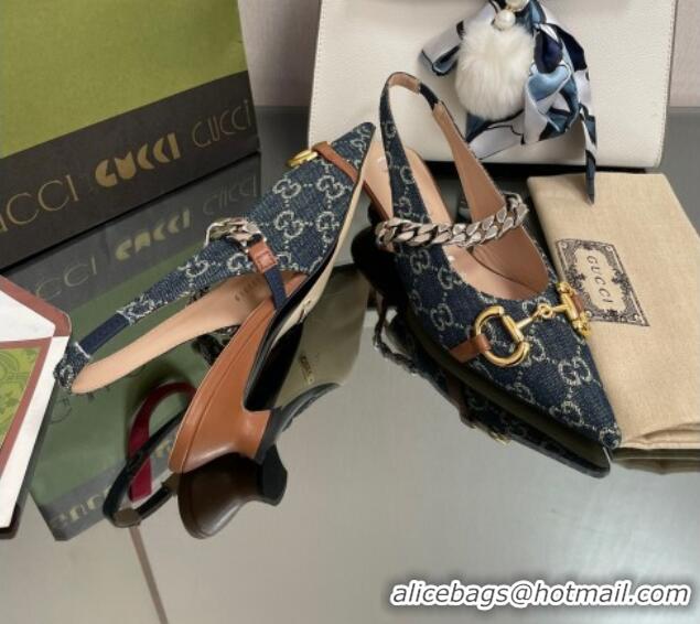 Best Grade Gucci GG Denim Slingback Pumps with Horsebit Blue 0825106