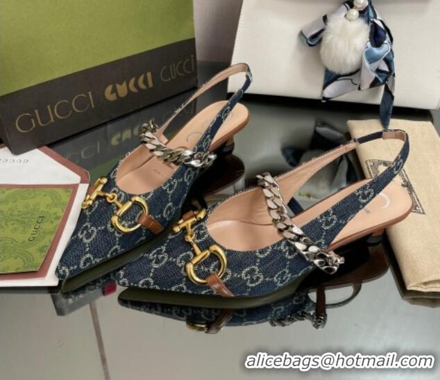 Best Grade Gucci GG Denim Slingback Pumps with Horsebit Blue 0825106