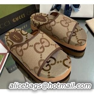 Stylish Gucci Maxi-GG Canvas Platform Slide Sandals Camel Brown 082721