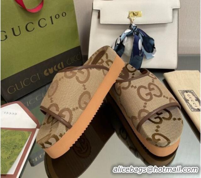 Stylish Gucci Maxi-GG Canvas Platform Slide Sandals Camel Brown 082721