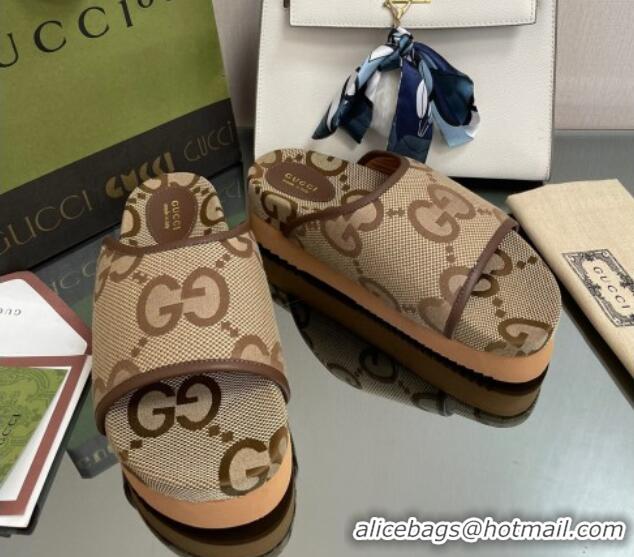 Stylish Gucci Maxi-GG Canvas Platform Slide Sandals Camel Brown 082721