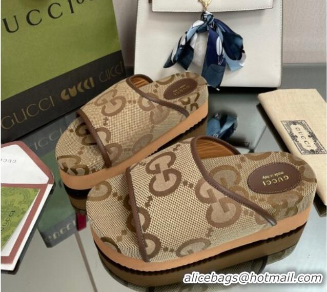 Stylish Gucci Maxi-GG Canvas Platform Slide Sandals Camel Brown 082721