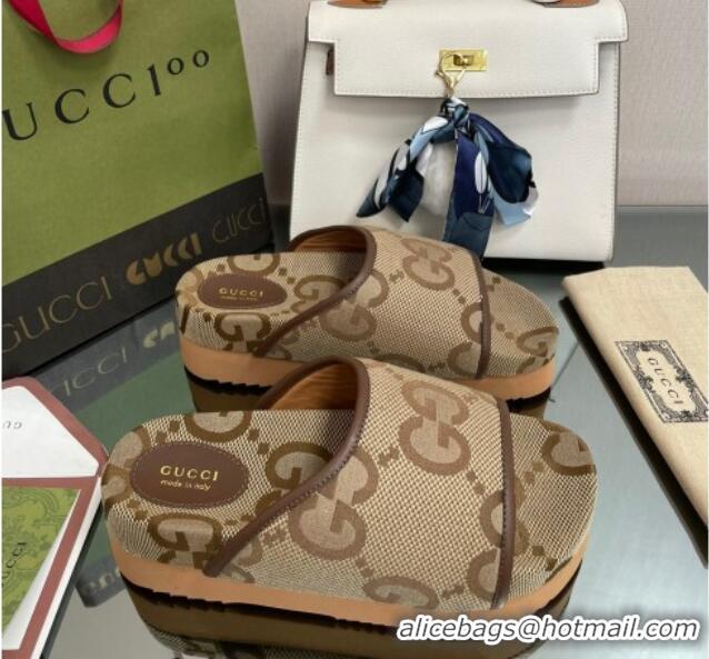 Stylish Gucci Maxi-GG Canvas Platform Slide Sandals Camel Brown 082721