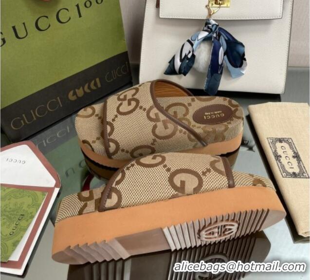 Stylish Gucci Maxi-GG Canvas Platform Slide Sandals Camel Brown 082721