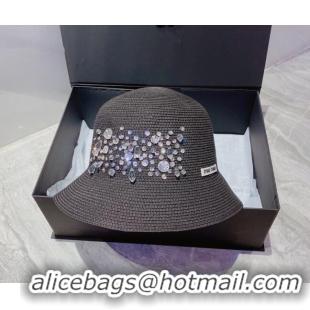 Top Quality Miu Miu Crystal Straw Bucket Hat M2901 Black 2022