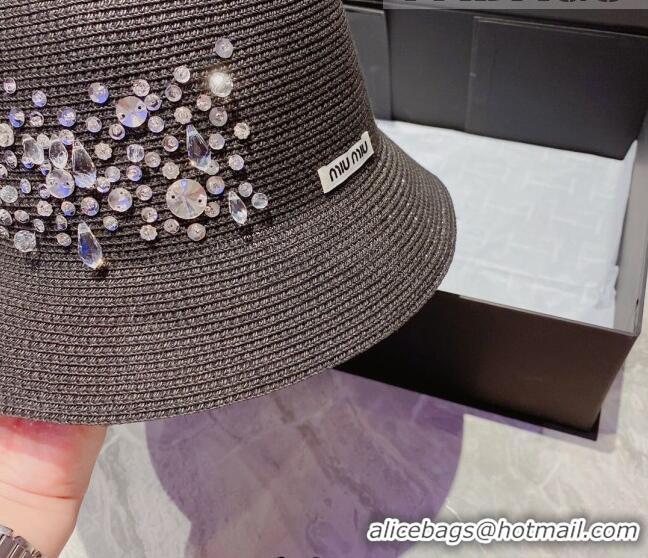 Top Quality Miu Miu Crystal Straw Bucket Hat M2901 Black 2022