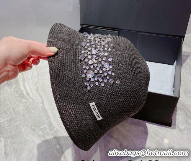 Top Quality Miu Miu Crystal Straw Bucket Hat M2901 Black 2022