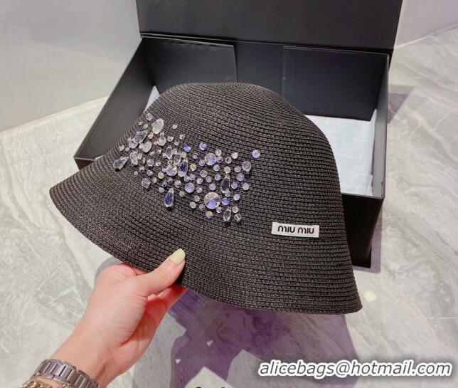 Top Quality Miu Miu Crystal Straw Bucket Hat M2901 Black 2022