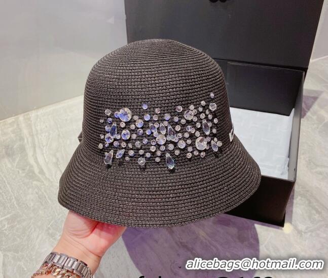 Top Quality Miu Miu Crystal Straw Bucket Hat M2901 Black 2022