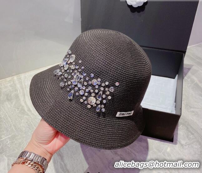 Top Quality Miu Miu Crystal Straw Bucket Hat M2901 Black 2022