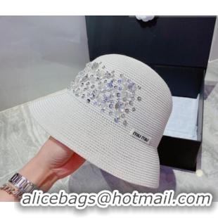 Popular Style Miu Miu Crystal Straw Bucket Hat M2901 White 2022