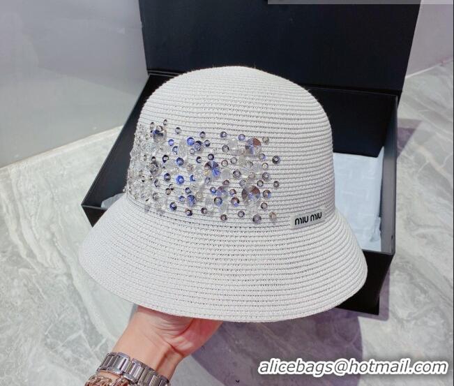 Popular Style Miu Miu Crystal Straw Bucket Hat M2901 White 2022