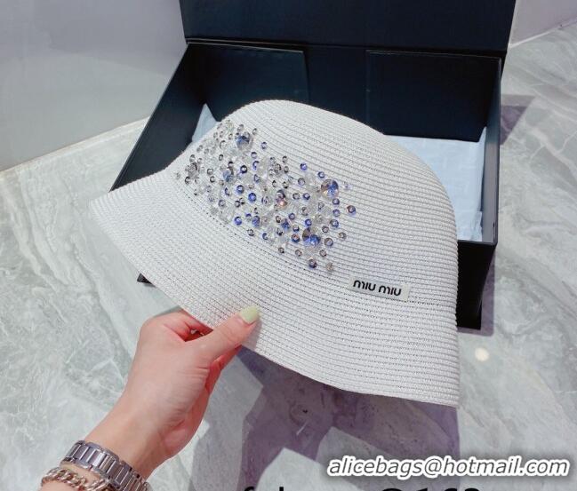 Popular Style Miu Miu Crystal Straw Bucket Hat M2901 White 2022