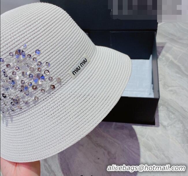 Popular Style Miu Miu Crystal Straw Bucket Hat M2901 White 2022