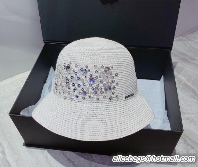 Popular Style Miu Miu Crystal Straw Bucket Hat M2901 White 2022