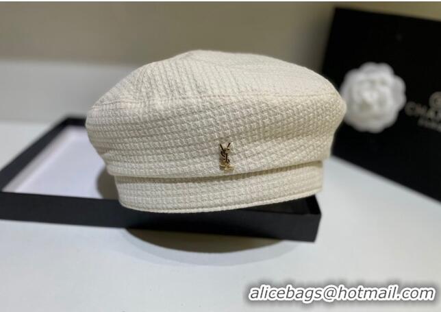 Good Taste Saint Laurent YSL Fabric Beret Hat 091555 White 2022