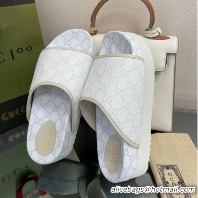 Sumptuous Gucci GG Canvas Platform Slide Sandals White 082722