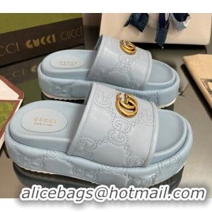 Good Looking Gucci GG Leather Platform Slide Sandals 5.5cm Blue 082727 