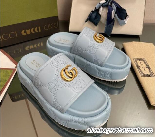 Good Looking Gucci GG Leather Platform Slide Sandals 5.5cm Blue 082727 