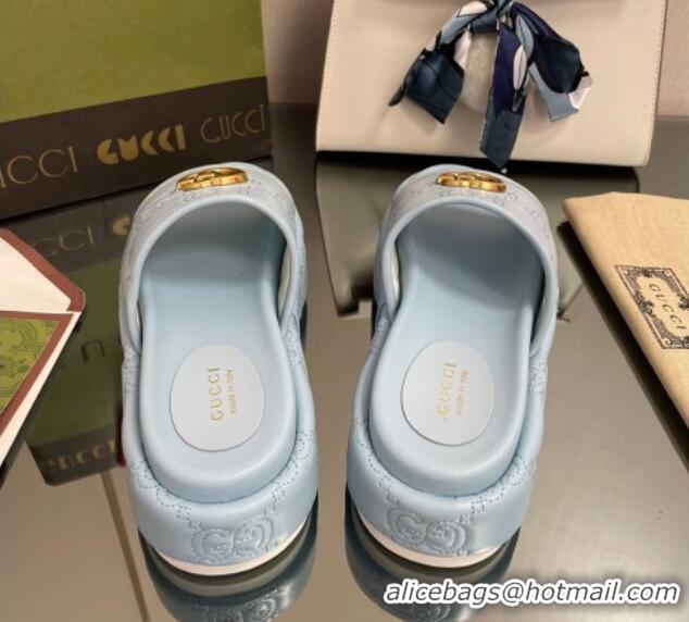 Good Looking Gucci GG Leather Platform Slide Sandals 5.5cm Blue 082727 