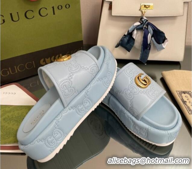 Good Looking Gucci GG Leather Platform Slide Sandals 5.5cm Blue 082727 