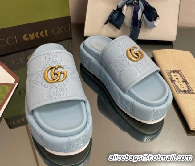 Good Looking Gucci GG Leather Platform Slide Sandals 5.5cm Blue 082727 