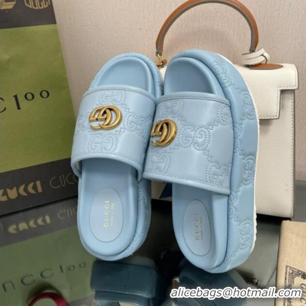 Good Looking Gucci GG Leather Platform Slide Sandals 5.5cm Blue 082727 