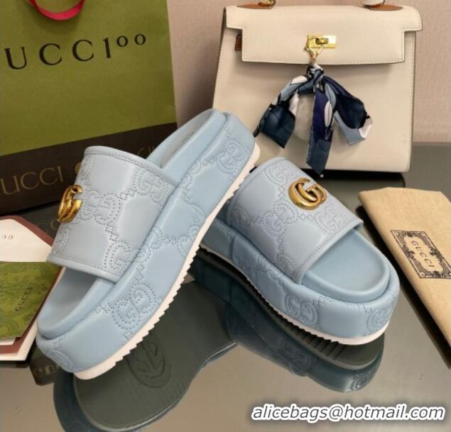 Good Looking Gucci GG Leather Platform Slide Sandals 5.5cm Blue 082727 