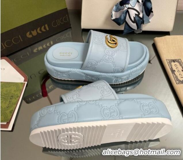 Good Looking Gucci GG Leather Platform Slide Sandals 5.5cm Blue 082727 