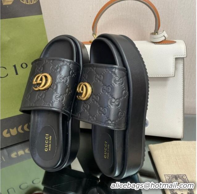 Purchase Gucci GG Leather Platform Slide Sandals 5.5cm Black 082723