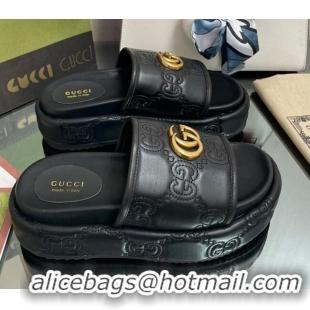 Good Quality Gucci GG Leather Platform Slide Sandals 5.5cm Black 082724