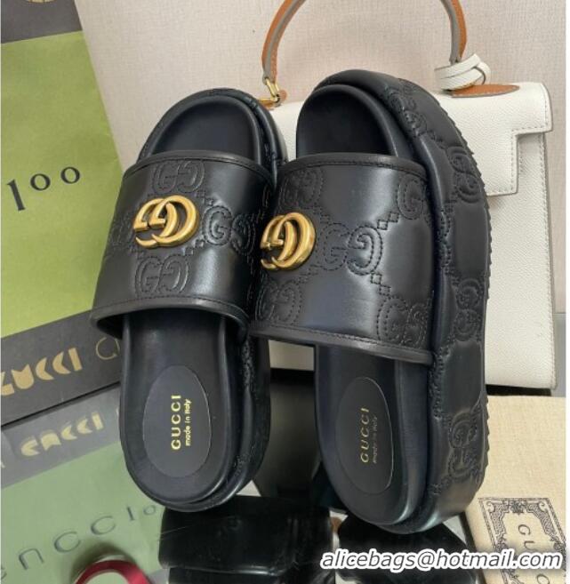 Good Quality Gucci GG Leather Platform Slide Sandals 5.5cm Black 082724