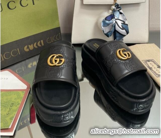 Good Quality Gucci GG Leather Platform Slide Sandals 5.5cm Black 082724