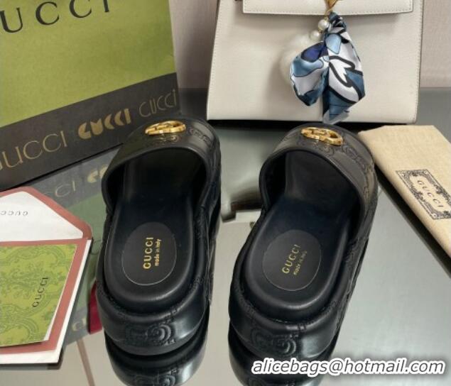 Good Quality Gucci GG Leather Platform Slide Sandals 5.5cm Black 082724