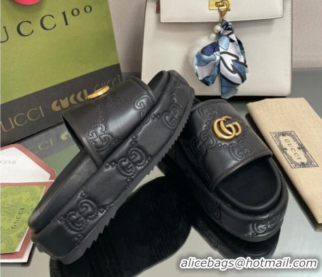 Good Quality Gucci GG Leather Platform Slide Sandals 5.5cm Black 082724