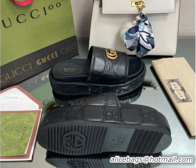 Good Quality Gucci GG Leather Platform Slide Sandals 5.5cm Black 082724